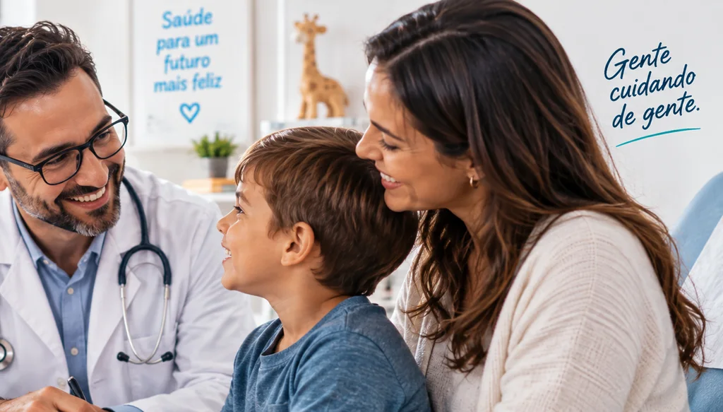 Médico atendendo com carinho uma mãe e seu filho